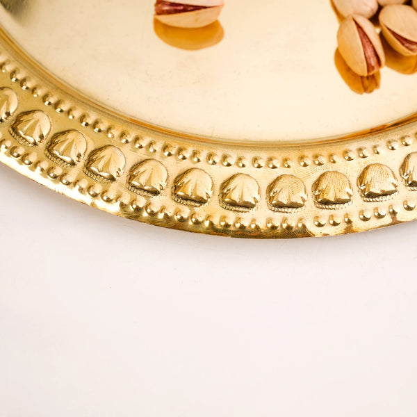 Veda Pure Brass Round Tray With Embossed Design 26cm