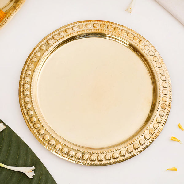 Veda Pure Brass Round Tray With Embossed Design 26cm