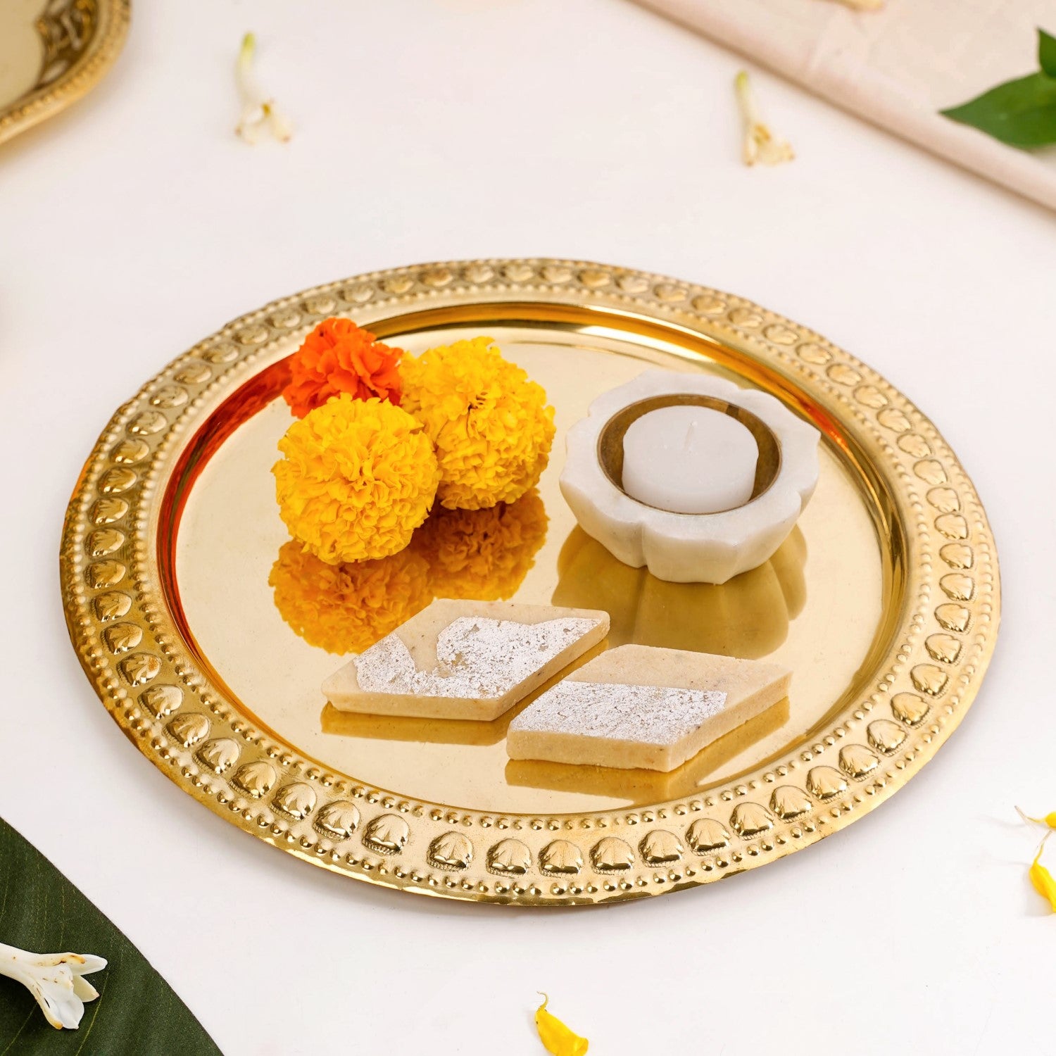 Veda Pure Brass Round Tray With Embossed Design 26cm