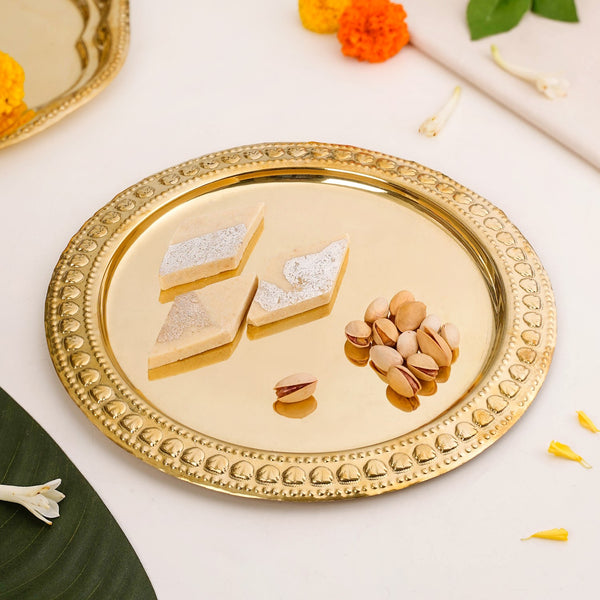 Veda Pure Brass Round Tray With Embossed Design 26cm