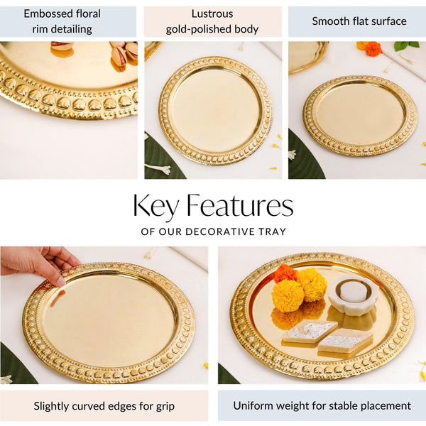 Veda Pure Brass Round Tray With Embossed Design 26cm