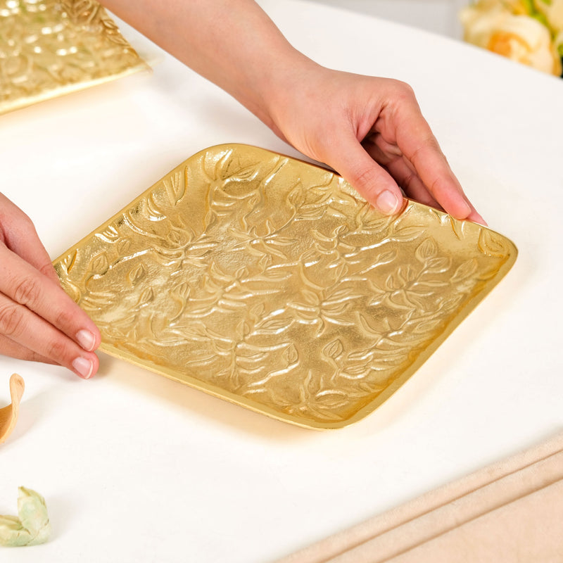 Golden Crest Floral Metal Decorative Tray