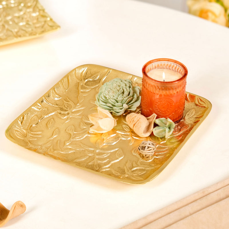 Golden Crest Floral Metal Decorative Tray