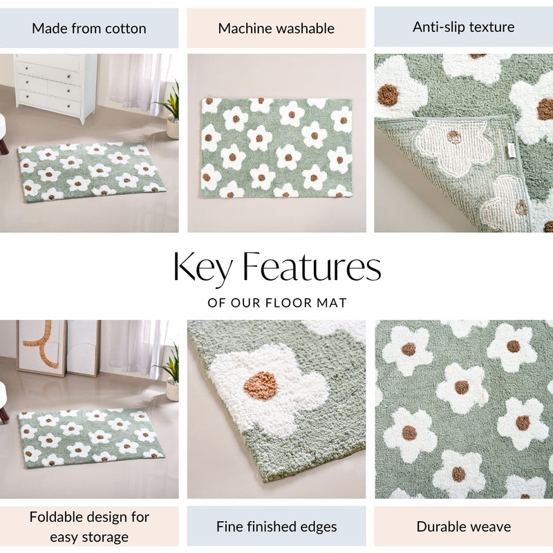Green And White Flowers Floor Mat For Kids 83x53 Inch