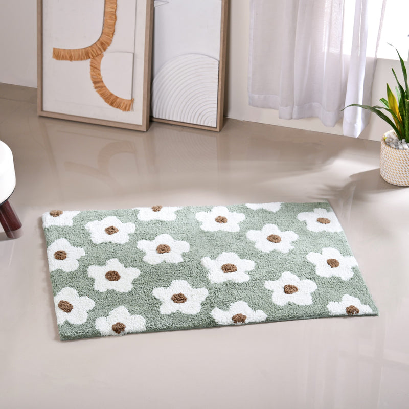 Green And White Flowers Floor Mat For Kids 83x53 Inch