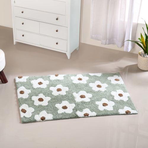 Green And White Flowers Floor Mat For Kids 83x53 Inch
