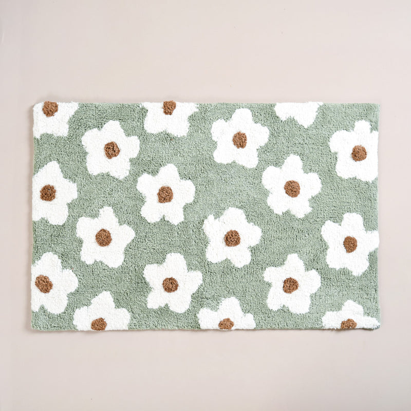 Green And White Flowers Floor Mat For Kids 83x53 Inch