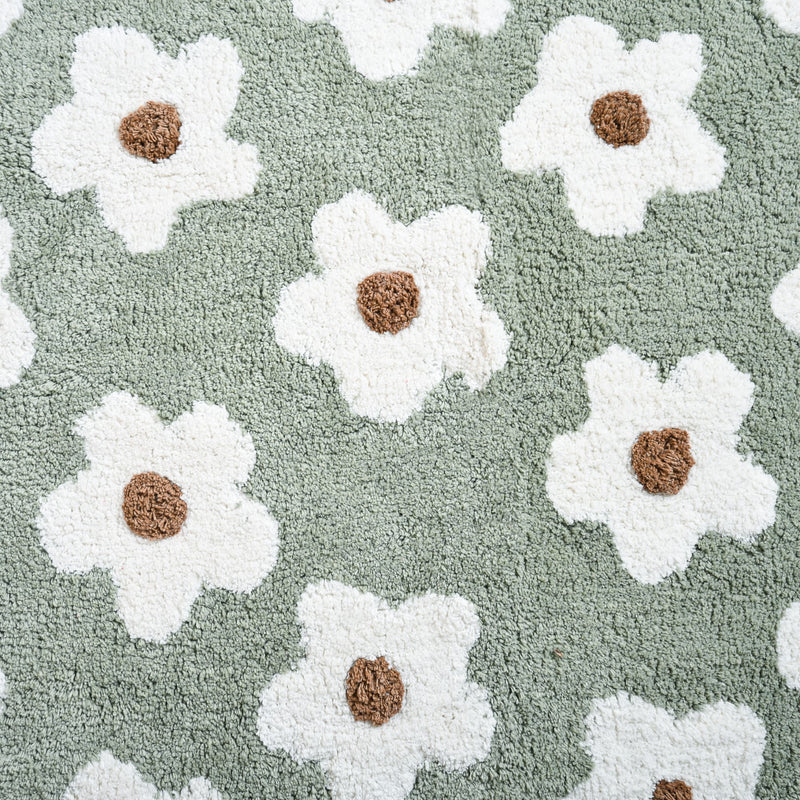 Green And White Flowers Floor Mat For Kids 83x53 Inch