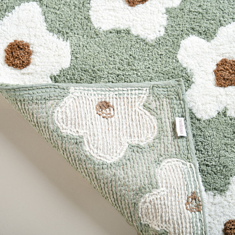 Green And White Flowers Floor Mat For Kids 83x53 Inch