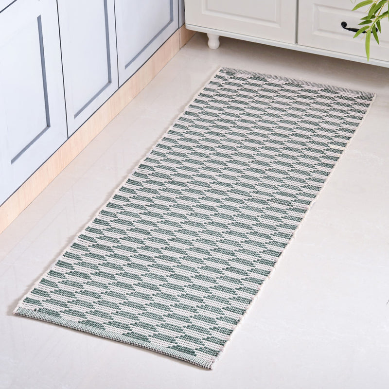 Green Boho White Floor Runner Cotton Mat 130x50cm