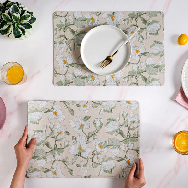 Rectangular Green Poppy Printed Placemats Set Of 6