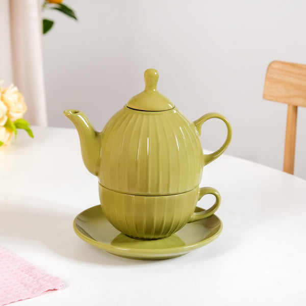 Stackable Ambrosia Teapot And Cup With Saucer Olive Green