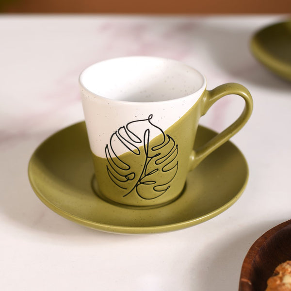 Serene Tropics Ceramic Tea Cup And Saucer Set Of 4 Olive 225ml