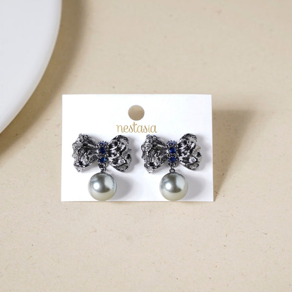 Grey Pearl Ribbon Bow Drop Earrings