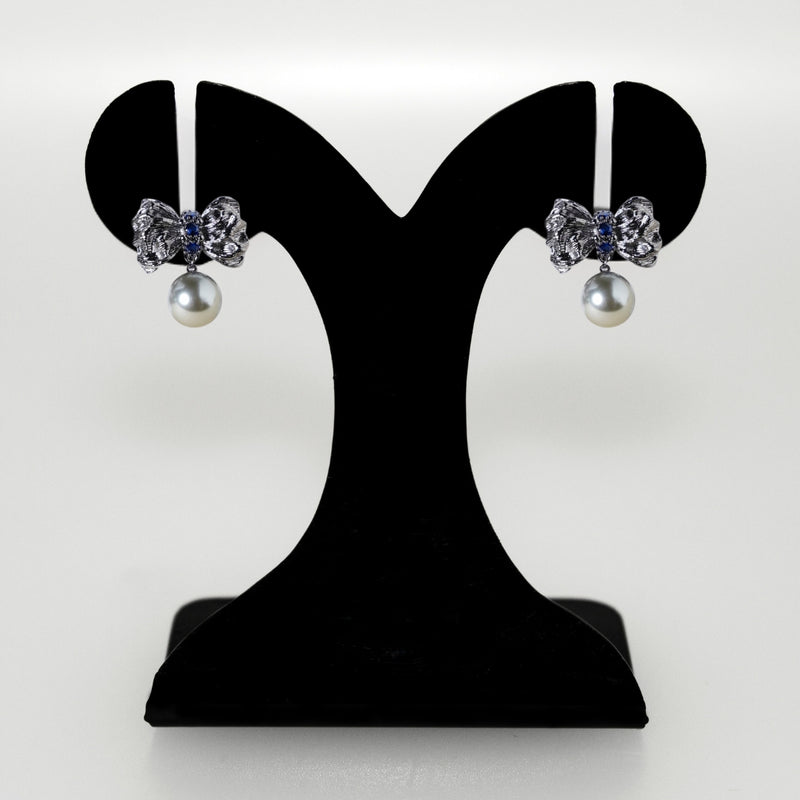 Grey Pearl Ribbon Bow Drop Earrings