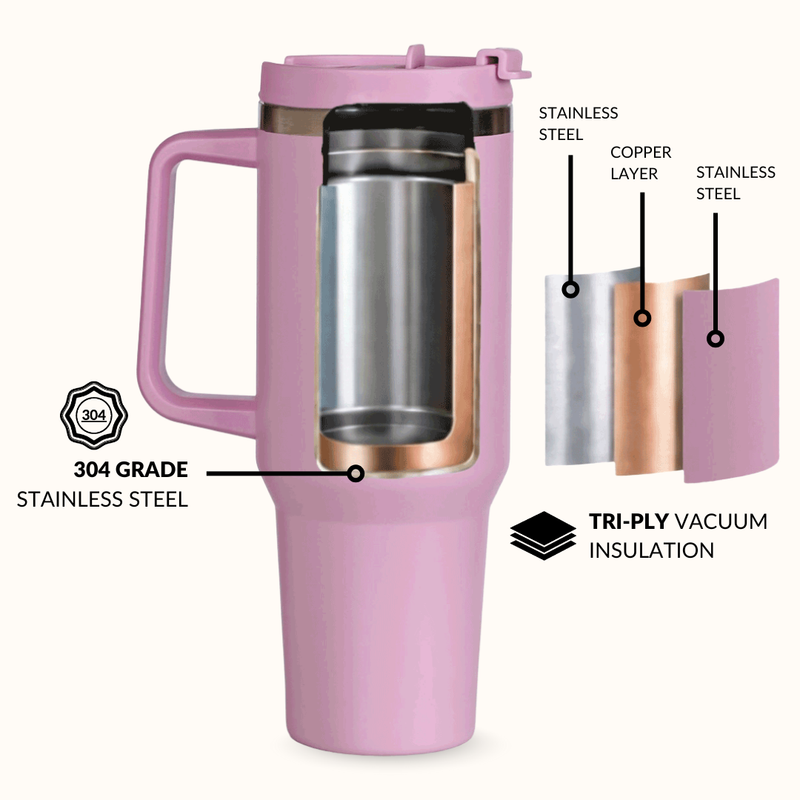GripSip 40 Insulated Tumbler Bottle With Side Handle Blush Rose Pink 1200ml