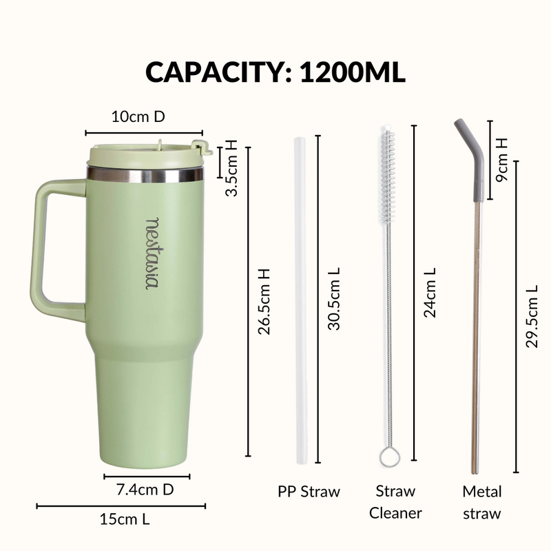 GripSip 40 Insulated Tumbler Bottle With Side Handle Pistachio Cream Green 1200ml