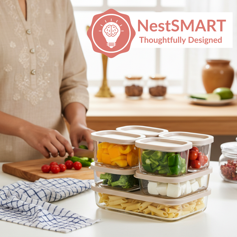 Groovo Borosilicate Premium Food Container With Lid Set Of 7 310ml 520ml 1200ml Beige