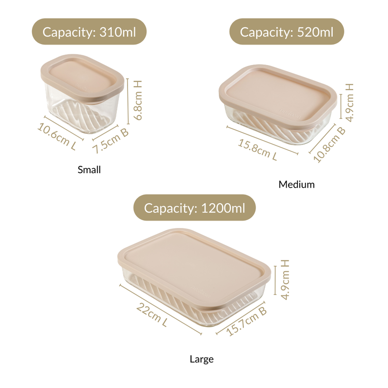 Groovo Borosilicate Premium Food Container With Lid Set Of 7 310ml 520ml 1200ml Beige