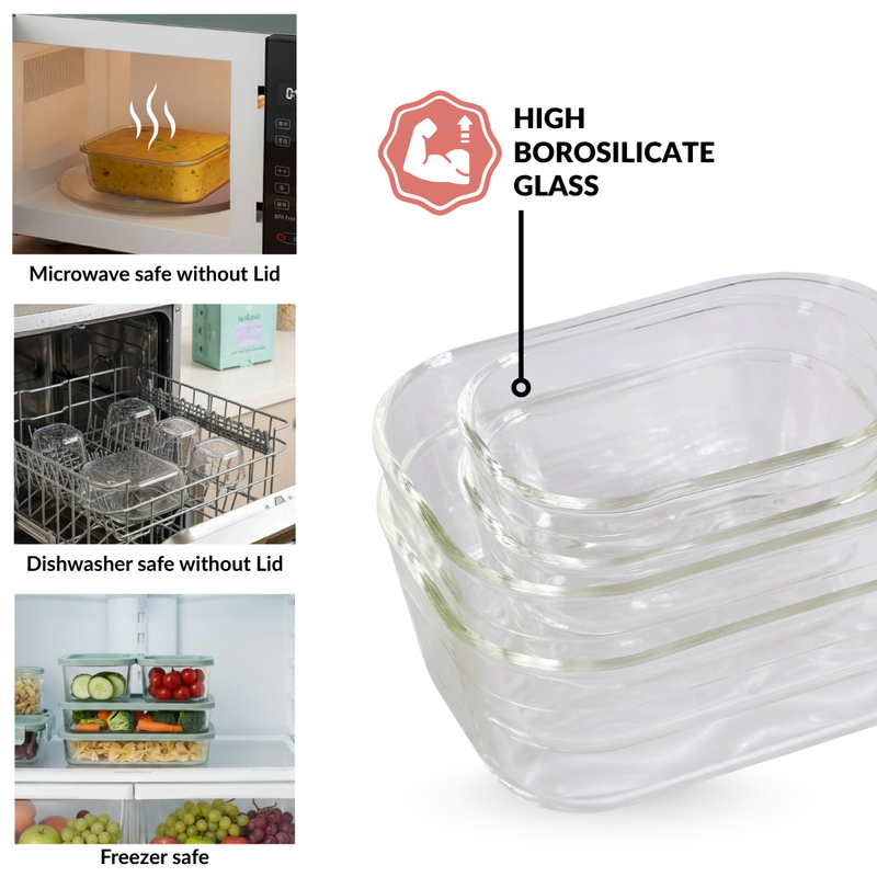 Groovo Borosilicate Premium Food Container With Lid Set Of 7 310ml 520ml 1200ml Beige