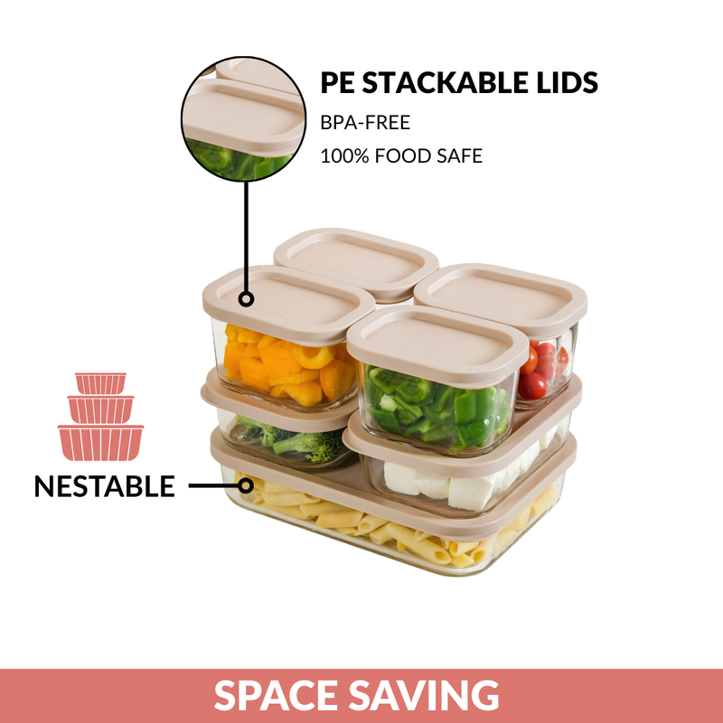 Groovo Borosilicate Premium Food Container With Lid Set Of 7 310ml 520ml 1200ml Beige