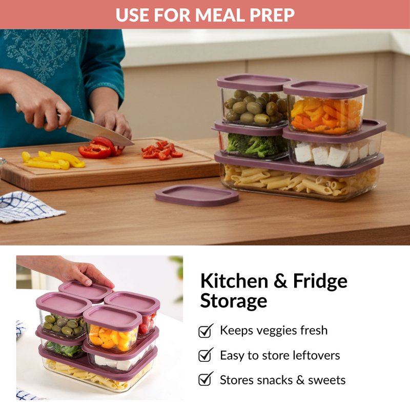 Groovo Borosilicate Premium Food Container With Lid Set Of 7 310ml 520ml 1200ml Berrywood