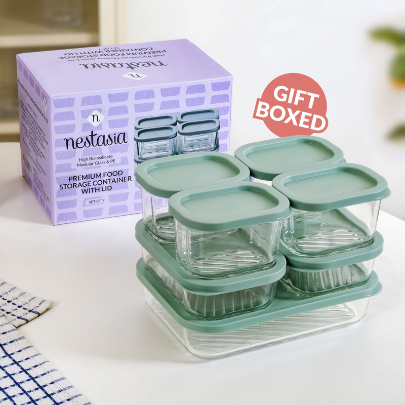 Groovo Borosilicate Premium Food Container With Lid Set Of 7 310ml 520ml 1200ml Green