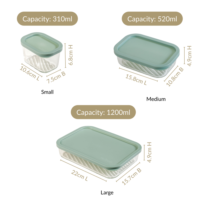 Groovo Borosilicate Premium Food Container With Lid Set Of 7 310ml 520ml 1200ml Green