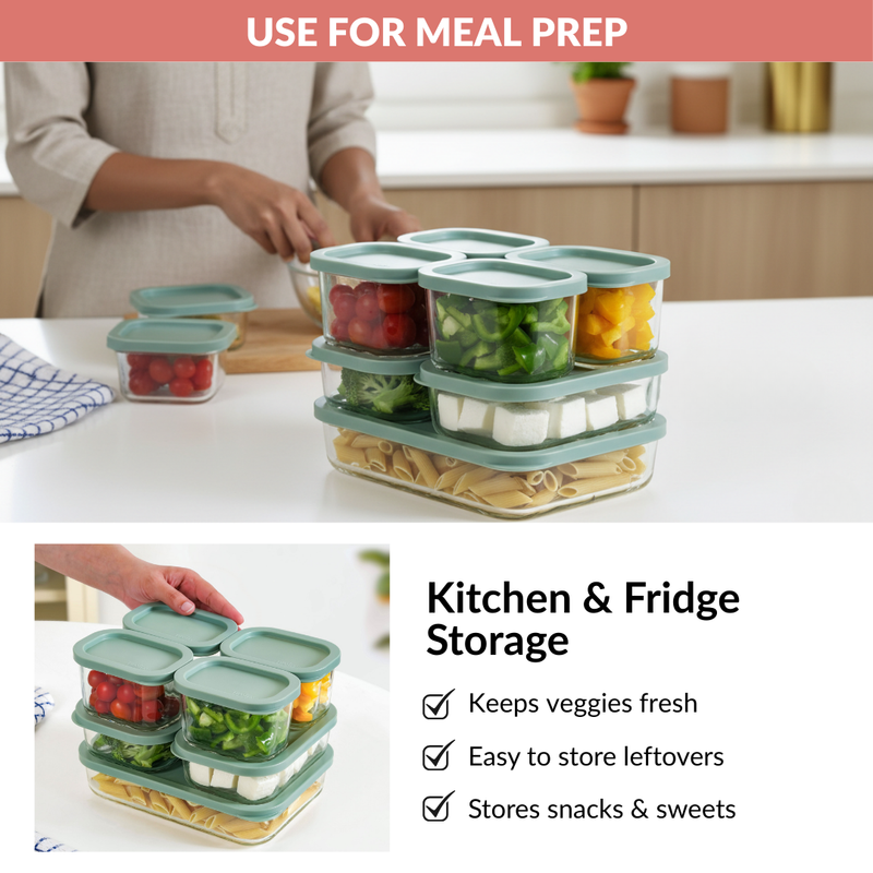 Groovo Borosilicate Premium Food Container With Lid Set Of 7 310ml 520ml 1200ml Green