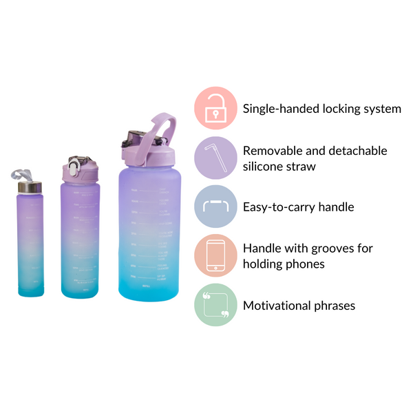 Gym Motivational Water Bottle Set Of 3 Lavender Blue