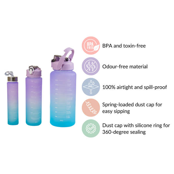 Gym Motivational Water Bottle Set Of 3 Lavender Blue