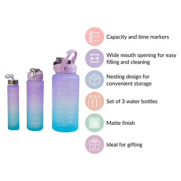 Gym Motivational Water Bottle Set Of 3 Lavender Blue