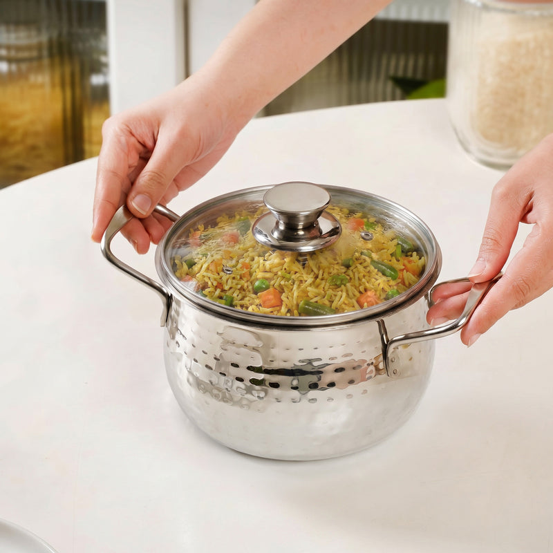 Steel Hammered Serving Handi With Glass Lid 1250ml