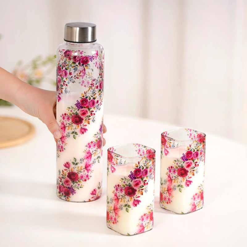 Rose Glass Bottle And Tumbler Set Of 3 In Gift Box