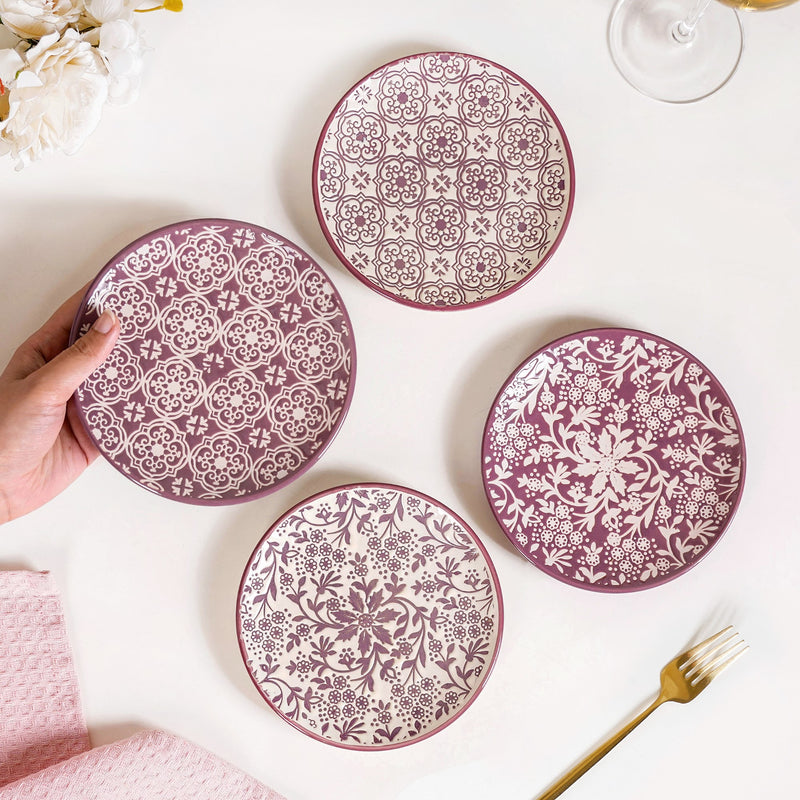Floral Design Ceramic Dessert Plate Set Of 4 White Mauve 15cm