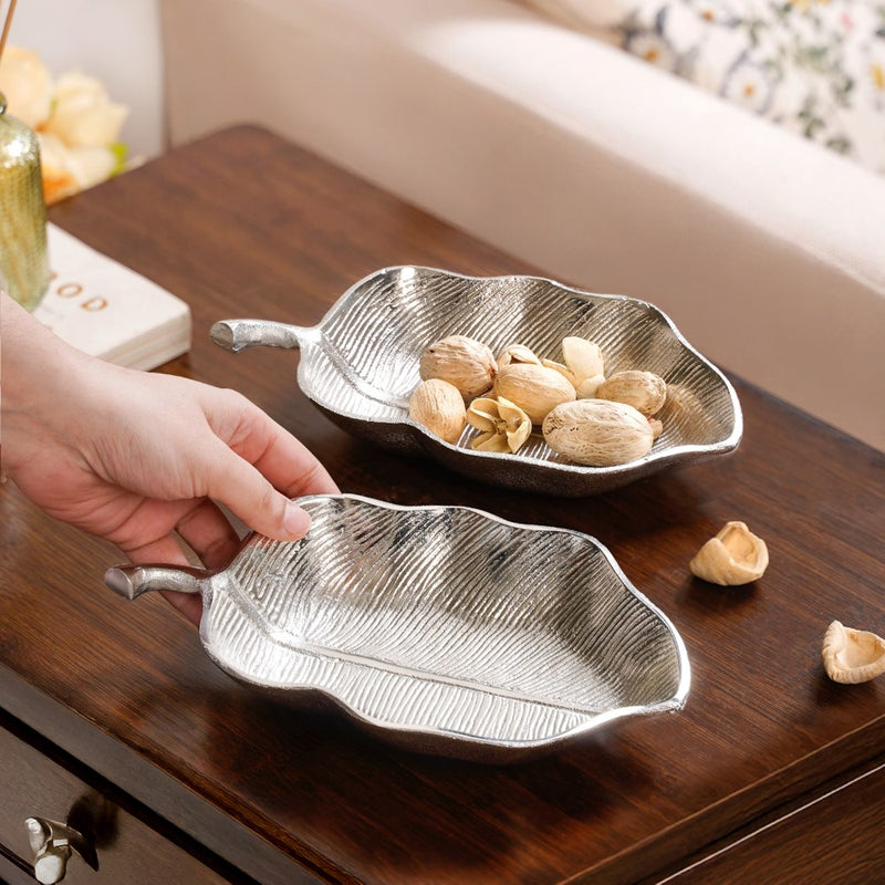Leaf Metal Platter Silver Set Of 2