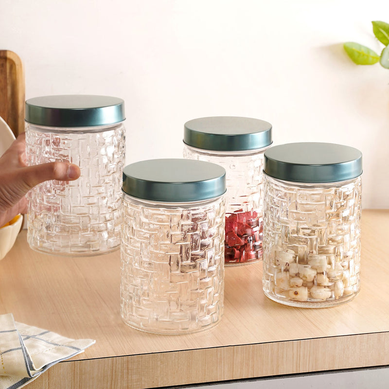 Weave Design Embossed Jar With Lid Set Of 4 1200ml