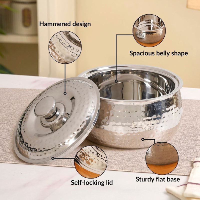Hammered Stainless Steel Double Walled Casserole 2000ml