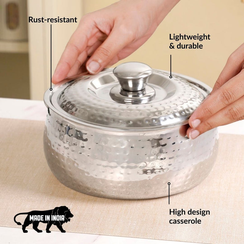 Hammered Stainless Steel Double Walled Casserole 2000ml