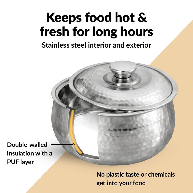 Hammered Stainless Steel Double Walled Casserole 2000ml