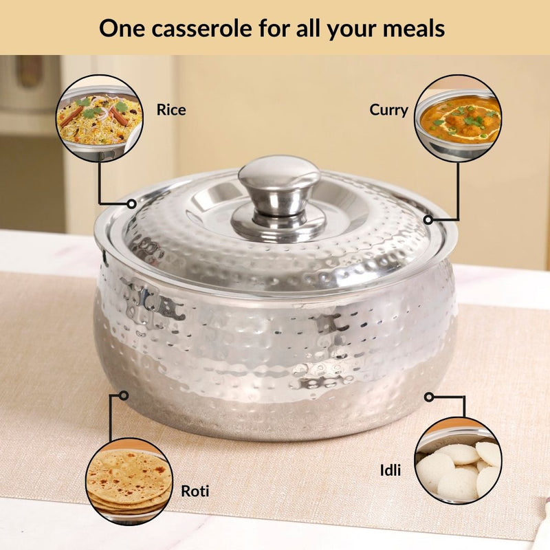 Hammered Stainless Steel Double Walled Casserole 2000ml