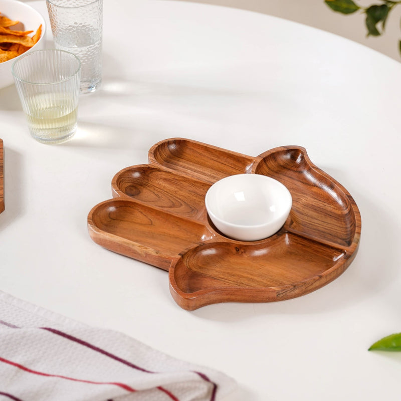 Hamsa Hand Wooden Platter With Dip Bowl - Wooden platter, platter with compartments, serving platter, platter with dip bowl, appetizer platter