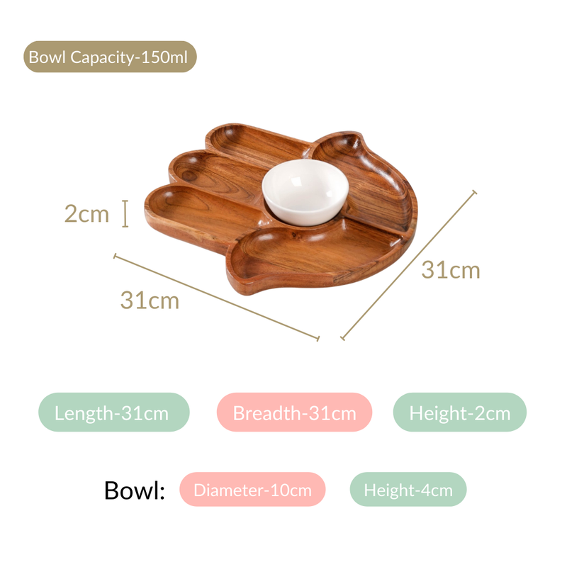 Hamsa Hand Wooden Platter With Dip Bowl - Wooden platter, platter with compartments, serving platter, platter with dip bowl, appetizer platter