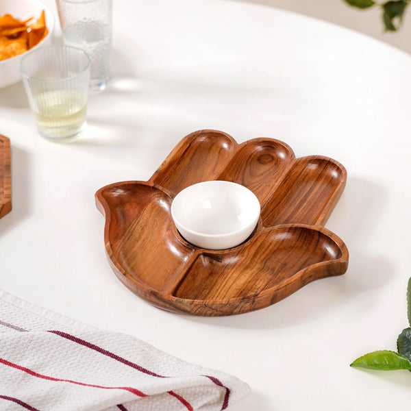 Hamsa Hand Wooden Platter With Dip Bowl