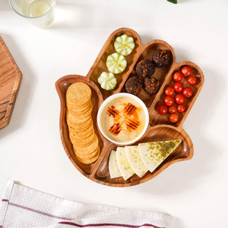 Hamsa Hand Wooden Platter With Dip Bowl - Wooden platter, platter with compartments, serving platter, platter with dip bowl, appetizer platter