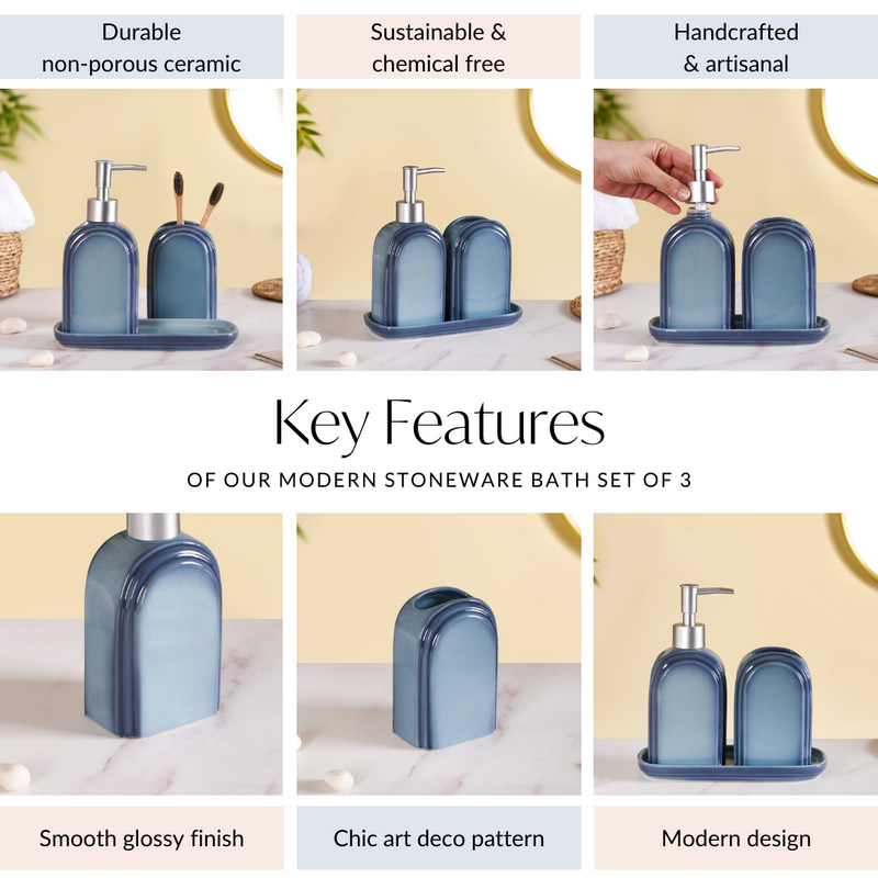 Modern Stoneware Bathroom Set of 3 Ocean Blue