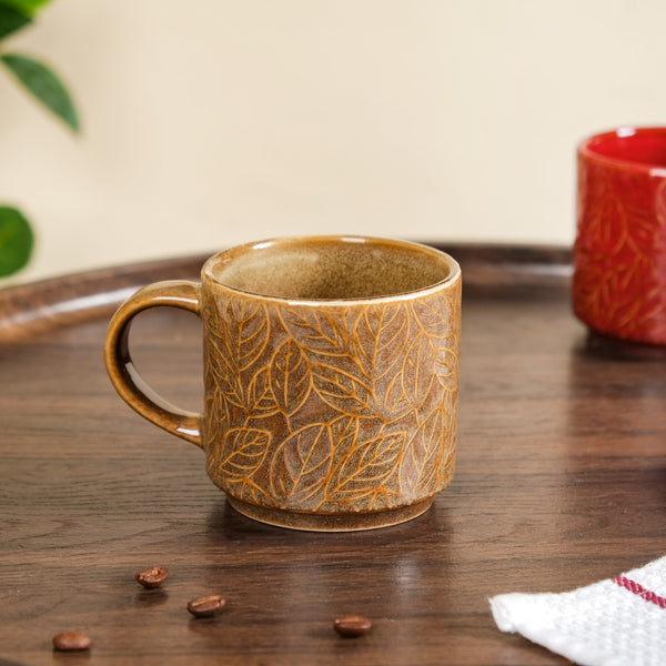 Sienna Leaf Embossed Ceramic Tea Cup Set Of 4 250ml