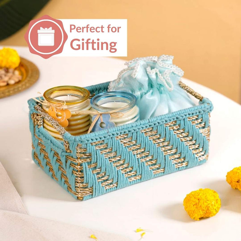 Handwoven Gift Basket With Handles Blue And Gold