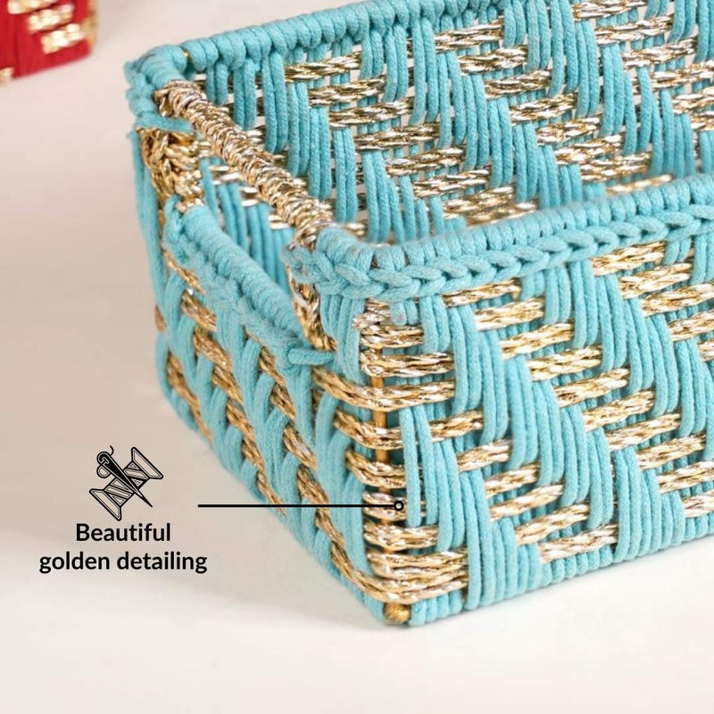 Handwoven Gift Basket With Handles Blue And Gold