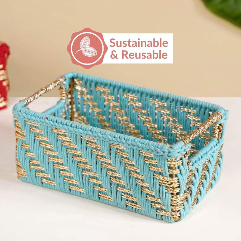Handwoven Gift Basket With Handles Blue And Gold